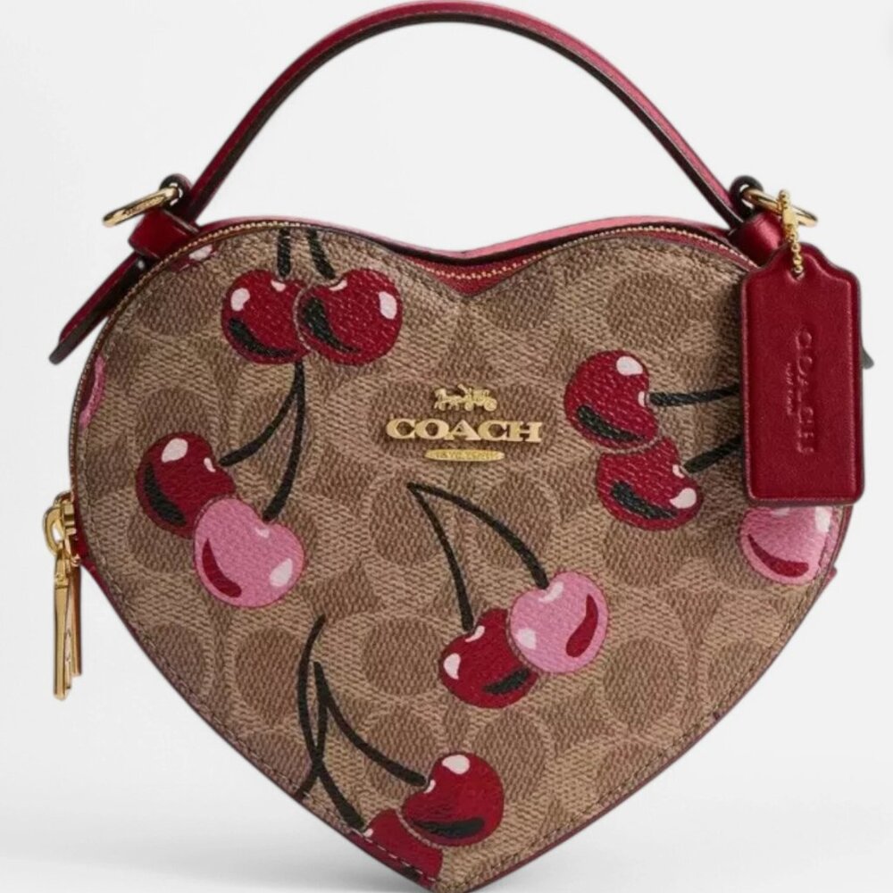 COACH Heart Crossbody Bag Signature Cherry Print Canvas CY706 Tan and Red